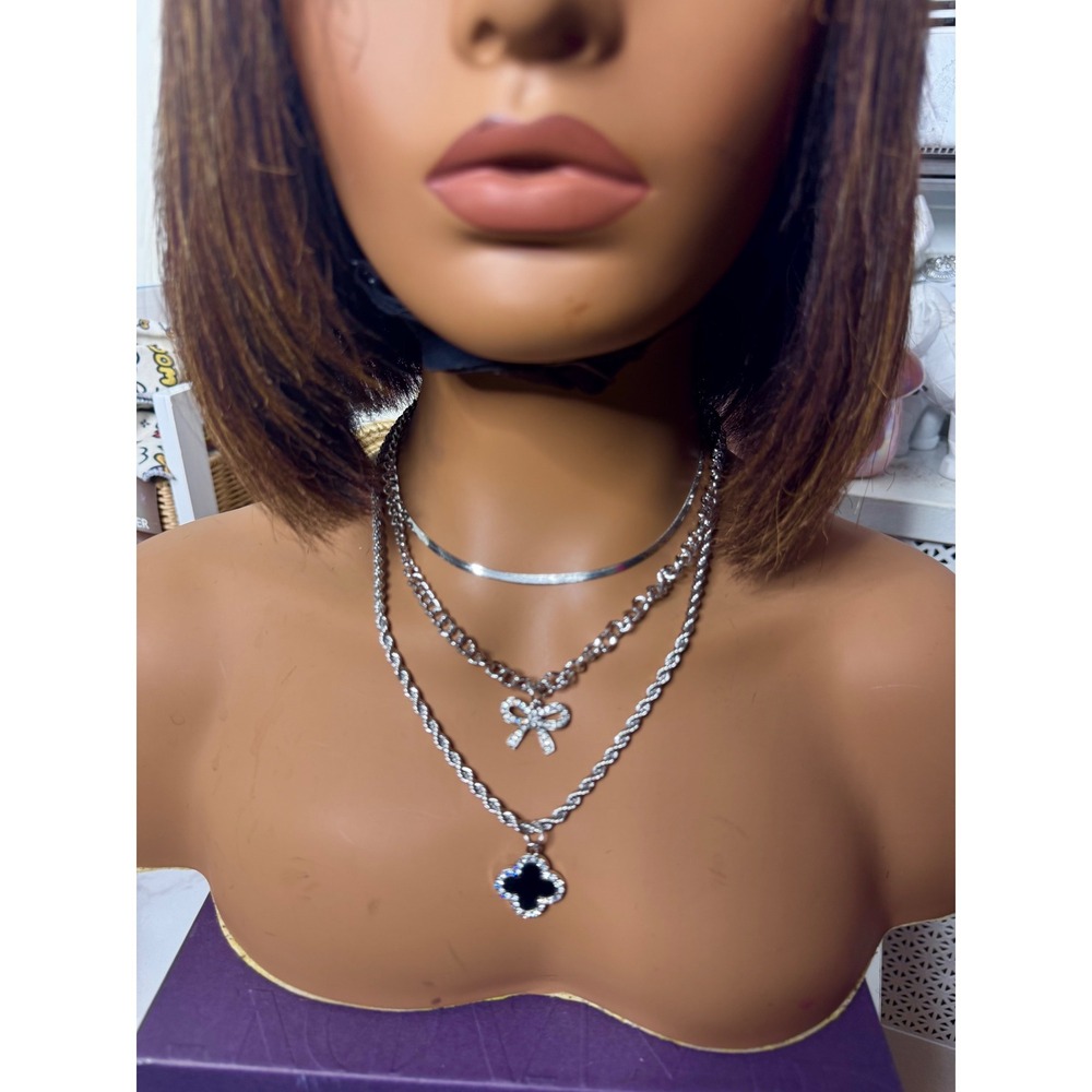 Black Clover Rhinestone Bow Necklace Silver Layered Lucky Charm Mothers Day Gift - Picture 2 of 3